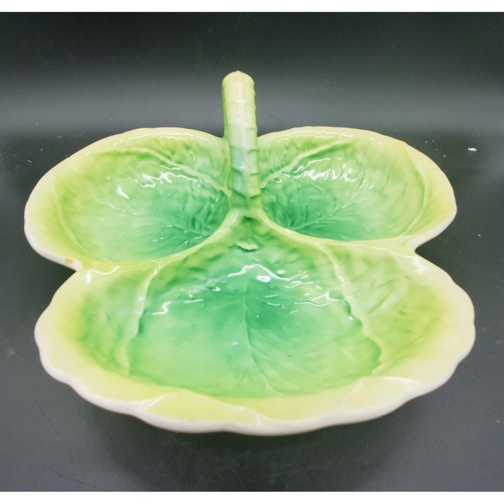 Vintage Green Czechoslovakia Handled Ceramic Dish Bowl Leaf Hand Painted 9"